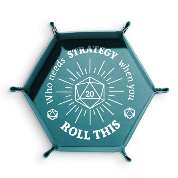 Natural Confidence dice tray with “Who needs strategy when you roll this” nat 20 design, PU leather exterior and velvet interior for tabletop RPG dice rolling