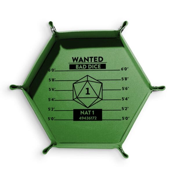 Dice tray with Wanted Nat 1 mugshot design for tabletop RPG dice rolling