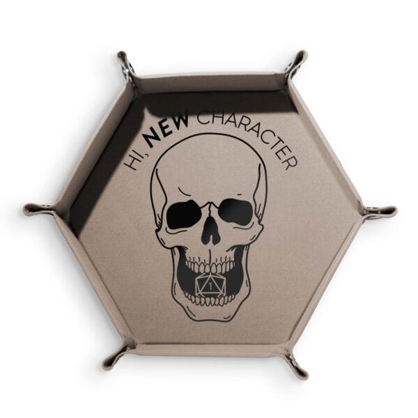 Dice tray with a skull holding a Nat 1 die, featuring the text “Hi, New Character” – perfect for cursed tabletop rolls