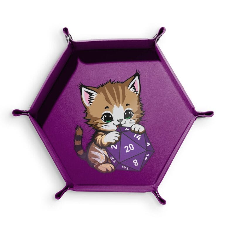 Dice tray made of velvet and PU leather featuring a cute cat holding a D20, designed for cat lovers and tabletop role-playing games