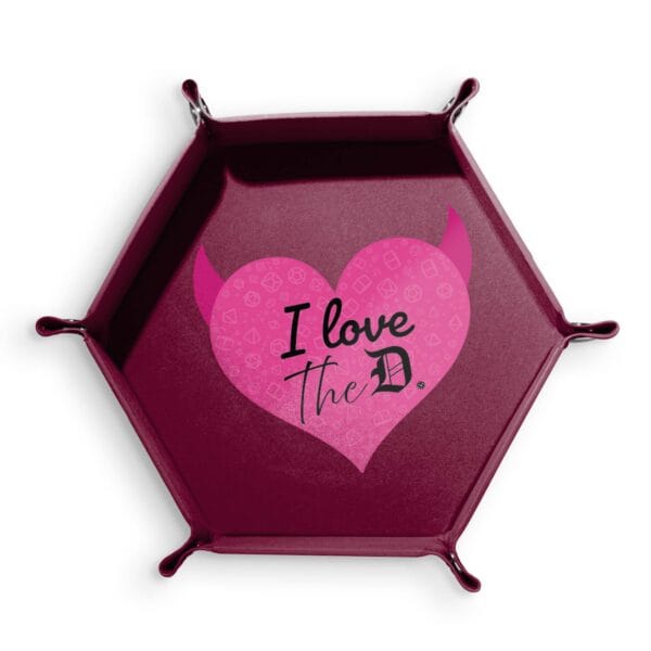 Dice tray made of velvet and PU leather featuring a playful pink heart with devil horns and hidden dice, designed for tabletop role-playing games and adventurous players